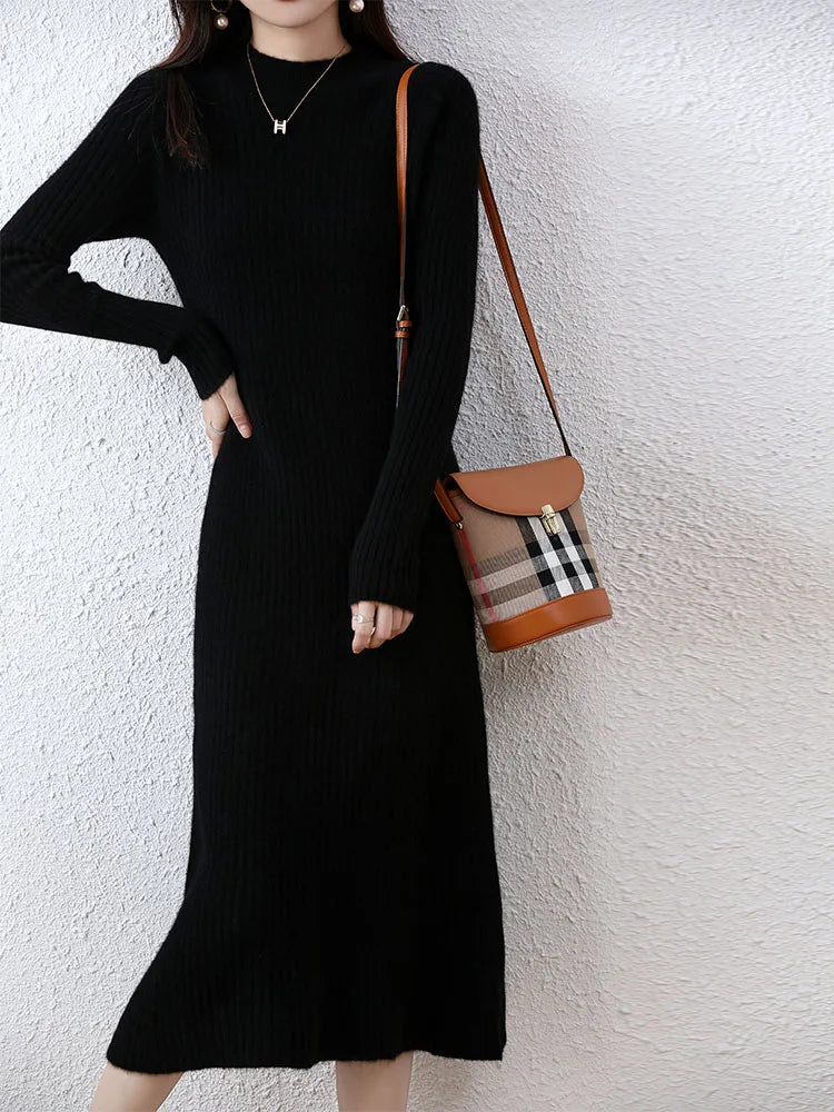 Cashmere Sweater Womens Dresses 100% Merino Wool Autumn Winter New Elegant Knitted Long Dress Female Casual Warm Skirts Vestidos