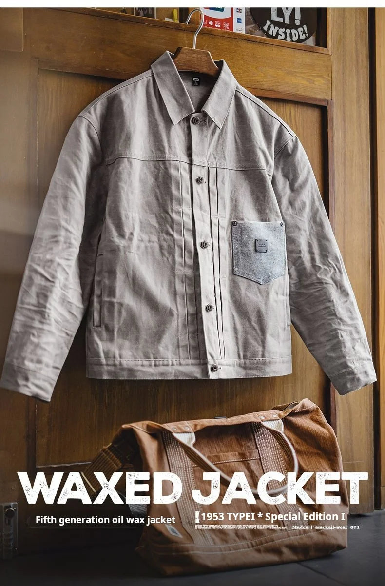 Maden Men's Vintage Oil Waxed Jacket V Waterproof Hunting Coat Double Pleats Grey Canvas Outwear with Patch Pockets for Autumn