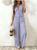Women Multi Color Eyelet Lace 2 Piece Outfit Sleeveless V Neck Tie Front Crop Top Wide Leg Pants Summer Casual Set