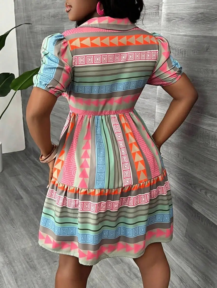 Fashionable Print Ethnic Style Women's Dress Stand Collar 3/4 Sleeve Loose Fit Midi Dress Polyester Cotton Blend Sleeve