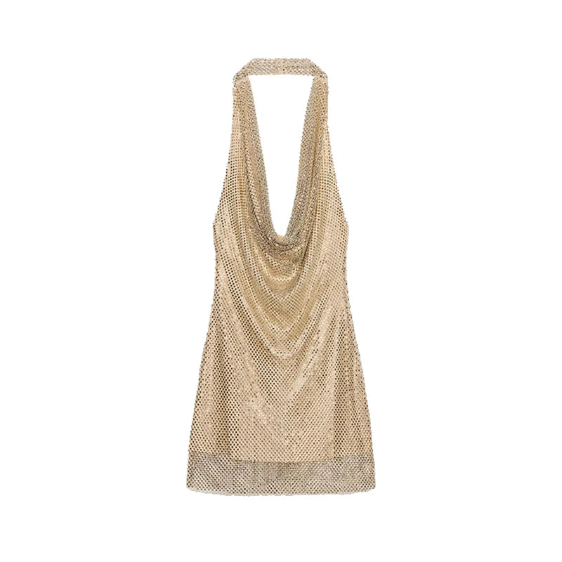 Sexy Diamond Halter Dress Women Shinny Sleeveless Backless V-neck Slim A-line Dresses Female 2026 Spring Summer Party Lady Robes