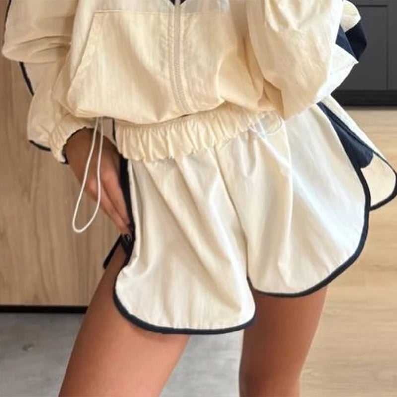 Fashion Contrast 2 Piece Short Set Women's Stand Collar Zip Lightweight Jacket Loose Mini Shorts 2026 New Lady Casual Outfit