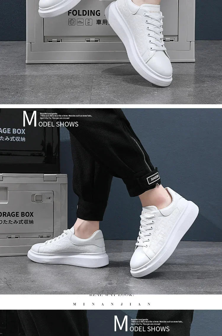 2026 Men's Casual Shoes Spring and Autumn Flat-soled Casual Leather Shoes Sports Shoes Black and White Men's Thick-soled Shoes