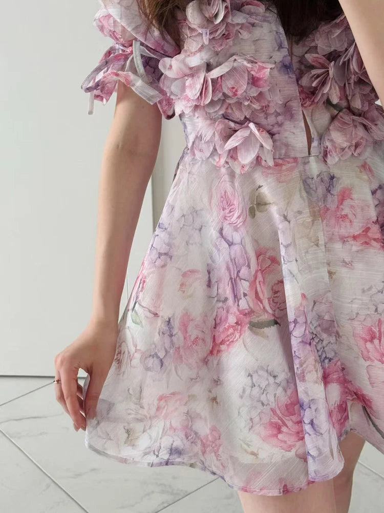 FSMG Sweet Pink 3D Flower Big Puff Sleeve V Neck Dress Fashion French Style High Waist A-line Mini Sexy Short Skirt Evening Robe