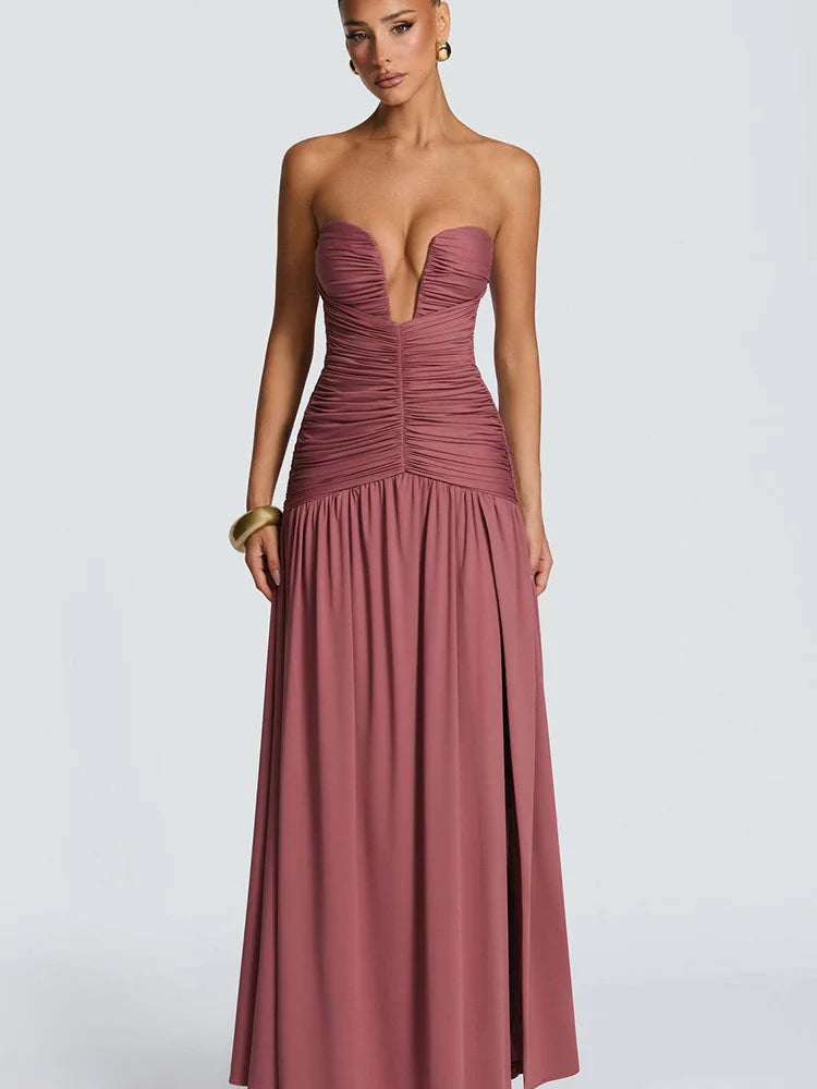 Rinabe Deep V Neck Strapless Maxi Dress Chic Solid Off-shoulder Backless Split Elegant Evening Dress Women Chic Slim Dresses