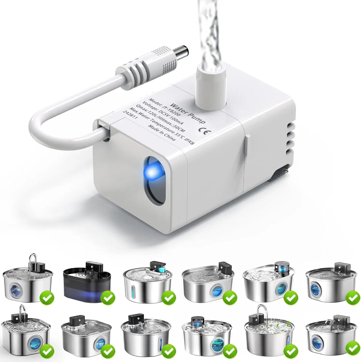 Cat Fountain Replacement Pump, LED Auto Power Off Light, Ultra Quiet Filter Pump Fit 2.2L/3.2L Smart Pet Water Dispenser