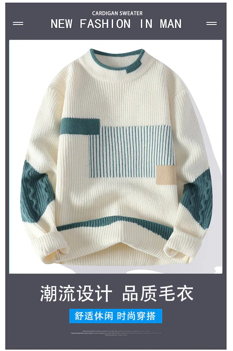 Mock Neck Knitted Sweater Men Women Autumn Winter Daily Casual Warm Knitting Pullovers Men's Fashion Patchwork Pullover Sweaters