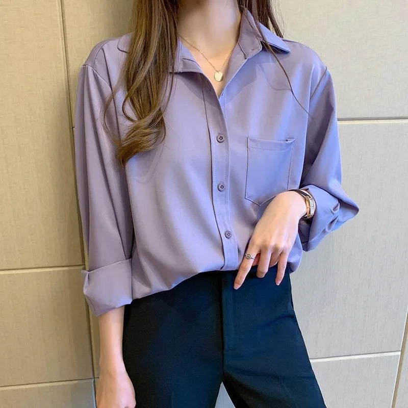 Women Spring Autumn Style Blouses Shirts Lady Casual Long Sleeve Turn-down Collar Solid Color Blusas Tops WY1034