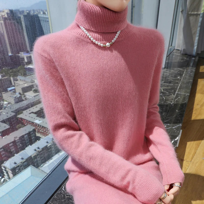 New Hot Selling 100% Mink Cashmere Knitted Women's High Neck Pullover Dress Sweater Slim Fit Solid Color Long Women's Dress