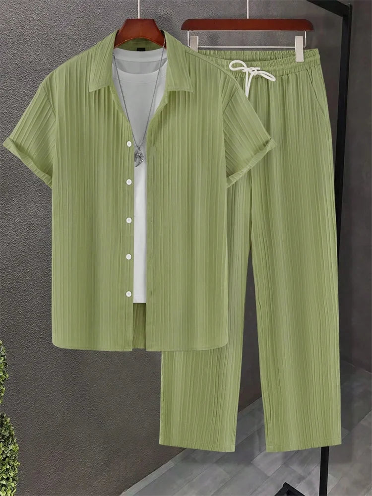 2025 Autumn Simple Solid-color Shirt 2 Pieces Long Pants Set, Urban Street Fashion Simple Men's Shirt And Long Pants Set