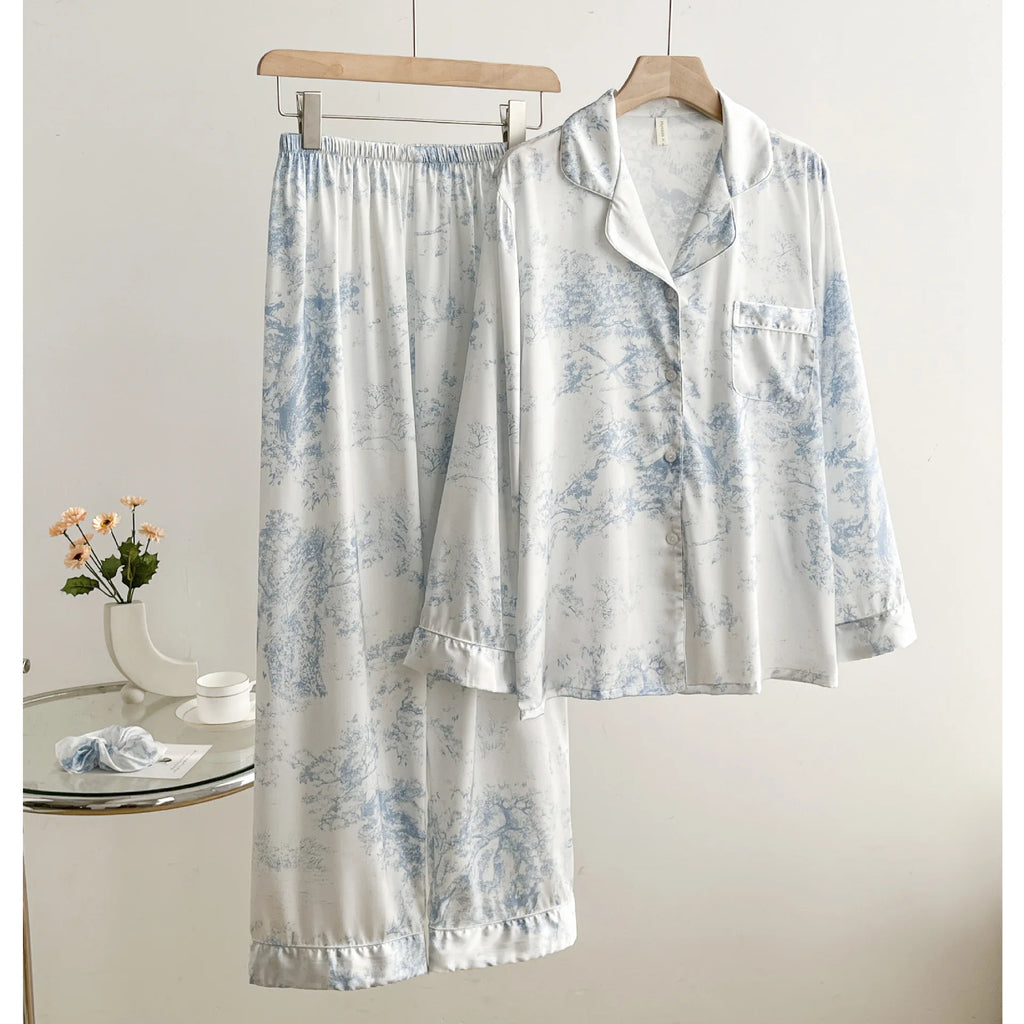Women's Pajamas Sets Spring Autumn 2 Piece Print Leaves Pyjama Faux Silk Satin Sleepwear Long Sleeve Pijama Mujer Pjs Homewear