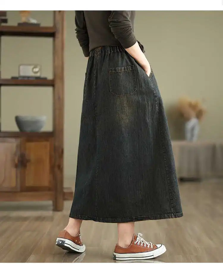 2026 Women's Denim Skirts Retro Cartoon Animal Embroidery Casual Half Skirts Spring Summer High Waist Fashion Loose Midi Skirts