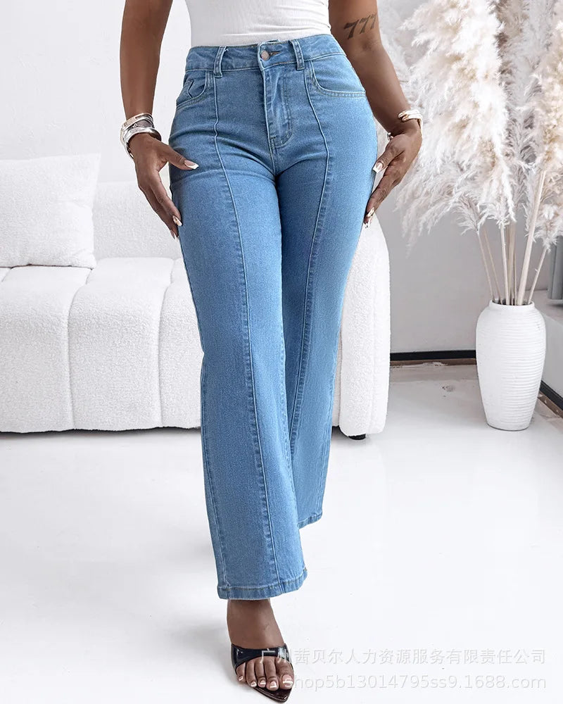 Women Spring Autumn Jeans Solid Color Button Wide Leg Pants High Waist Casual Fashion Comfortable Regular Standard Fit Trouser