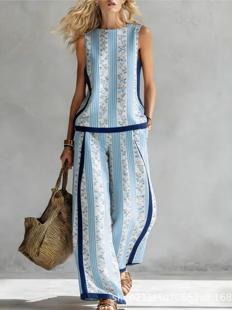 Fashion Retro Printed Sleeveless Tops Trousers 2-piece Set Women's Summer Casual Vest Loose Wide Leg Trousers Female Suit Pocket
