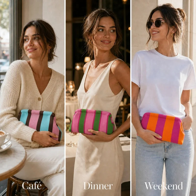 Women'S Striped Knit Clutch Bag Color Block Soft Pouch Handbag Large Capacity Foldable Purse For Party Dinner Daily