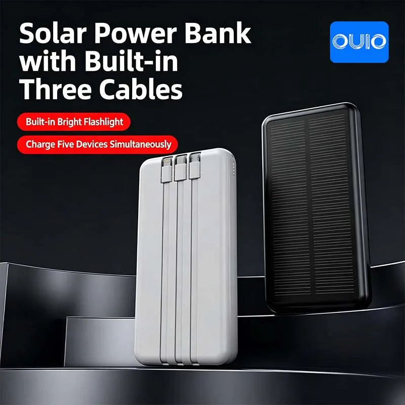 30000mAh Solar Power Bank Super Fast Charging Compact Portable Built-in 4 Cable High Capacity External Battery with Led Light