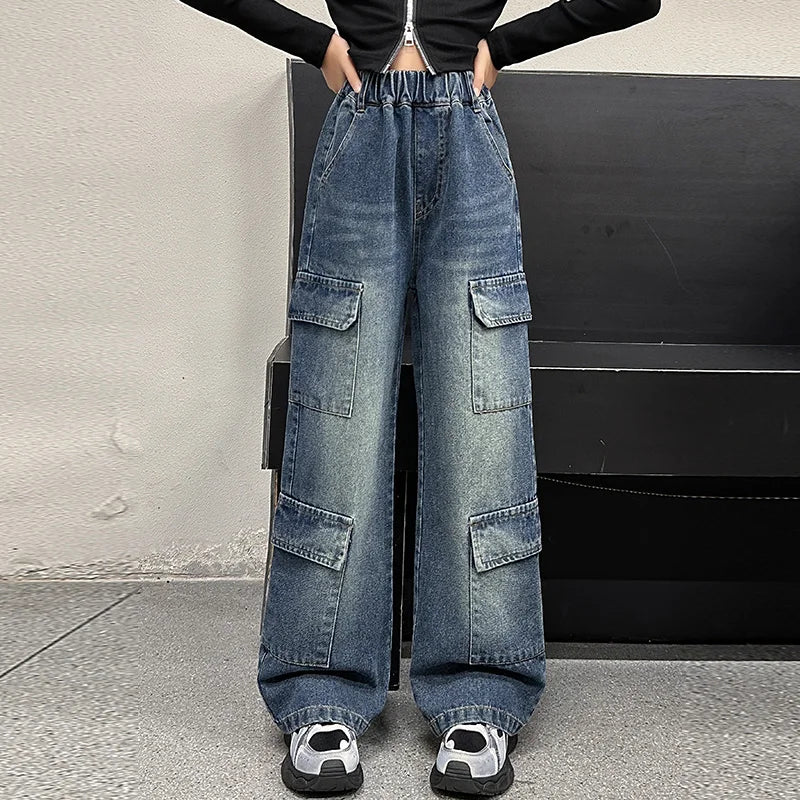 Kids Design Luxury Straight Leg Cargo Jeans with Multi Pocket for Teens Girl Cool Denim Pants Tweens Child Casual Jeans Trousers