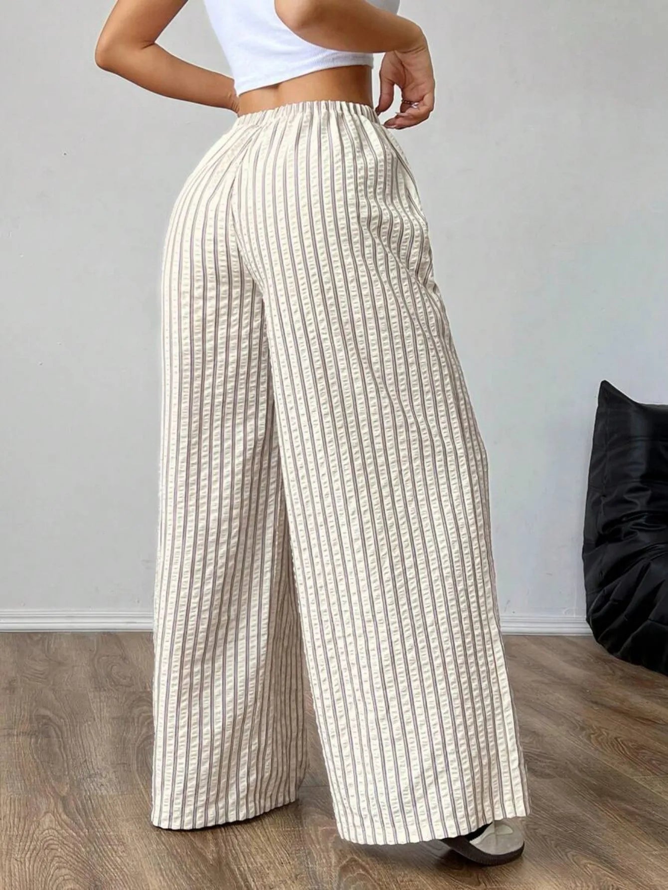 Women's Casual Striped Wide-Leg Pants   Summer Commute Fashion Drawstring Elastic Waist  Versatile Relaxed Straight Leg Trousers