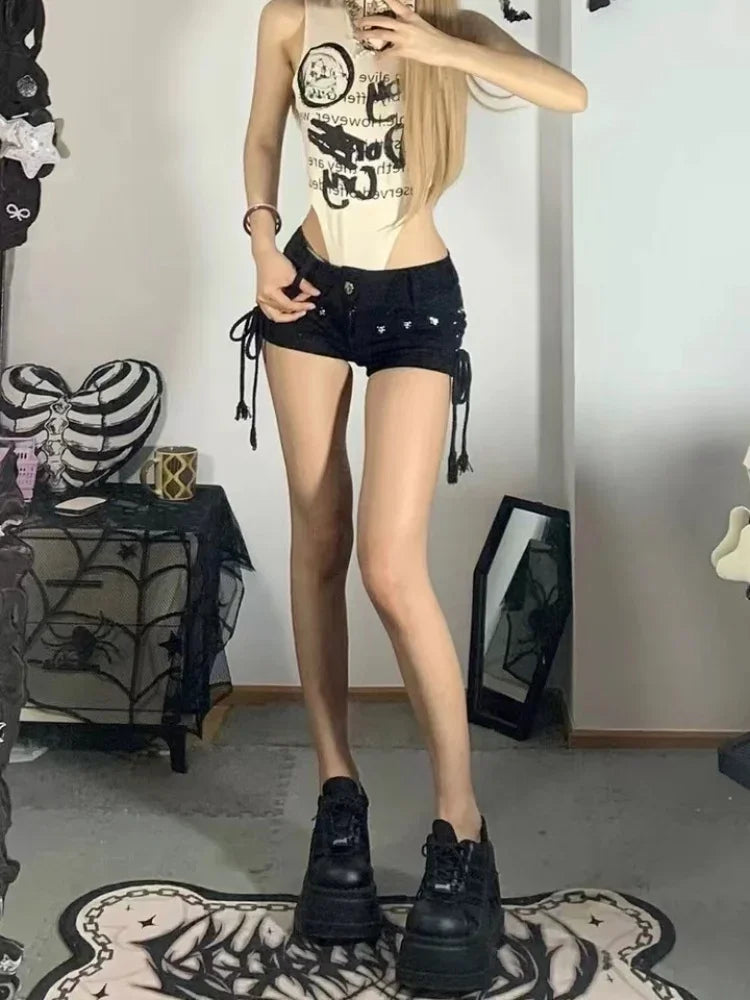 Denim Shorts Women Skinny Creativity Lace-up Jeans Streetwear Personality Students Holiday Fashion Sexy American Retro Leisure