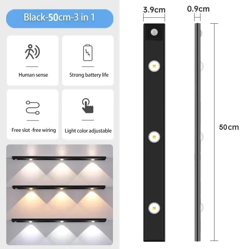 20-50CM LED Under Cabinet Light  Wardrobe Indoor Lighting Motion Sensor LED Lamp Ultra Thin USB Rechargeable Night Light