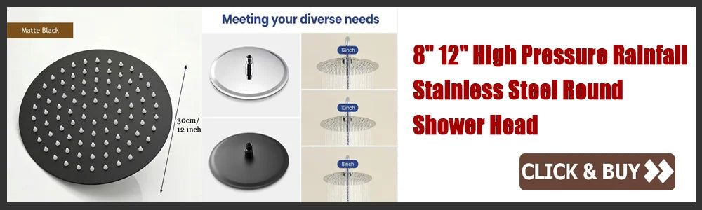 8" 10" 12" Black Silver Golden Stainless Steel High Pressure Waterfall Shower Head Large Flow Pressure Boosting Bathroom Shower