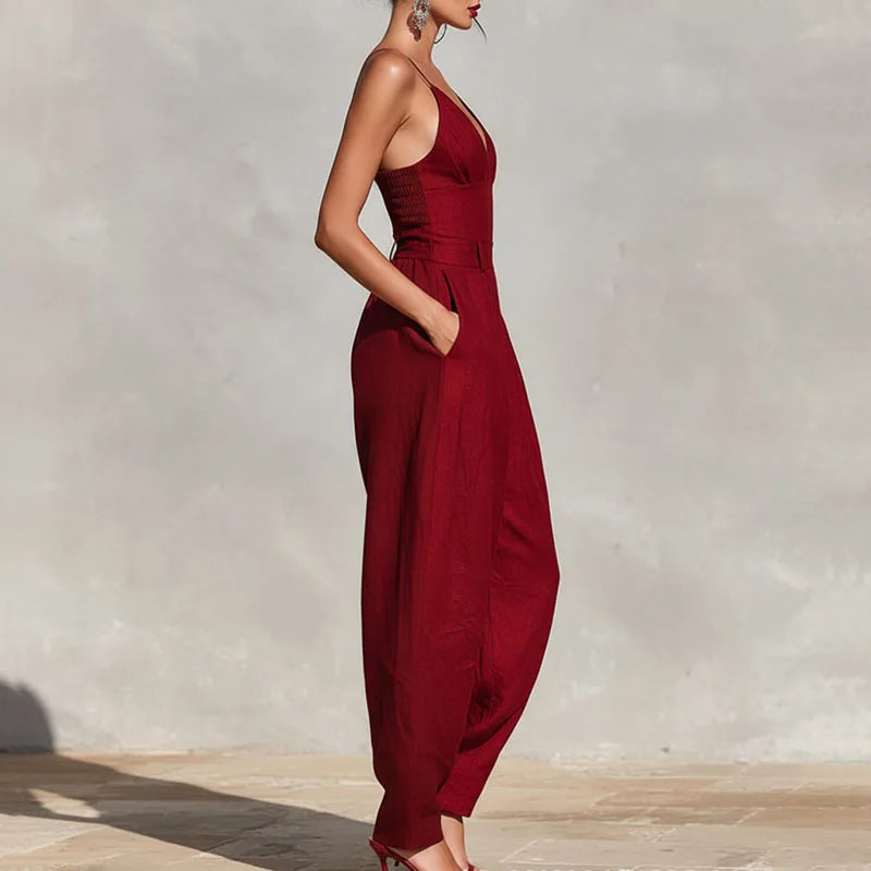 Elegant Sexy V-Neck Spaghetti Strap Jumpsuit Women High Waist Wide Leg Casual Romper Spring Boho Solid Backless Pockets Overalls
