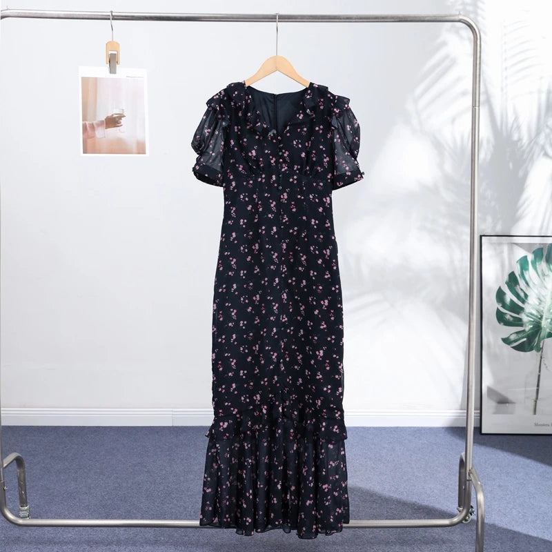 Elegant Printed Lace Trim V-Neck Dress Women Puff Sleeve Ruffled Hem Slit Maxi Dresses 2026 Summer New Lady Fashion Evening Wear