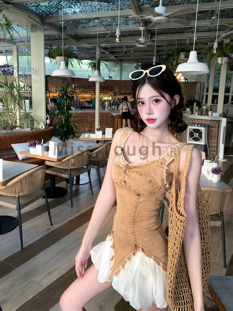 Summer Korean Fashion Retro 2 Piece Set Women Y2K Zipper Denim Tank Top Slim Top+mini Skirts Female Streetwear Hot Girl Suit New