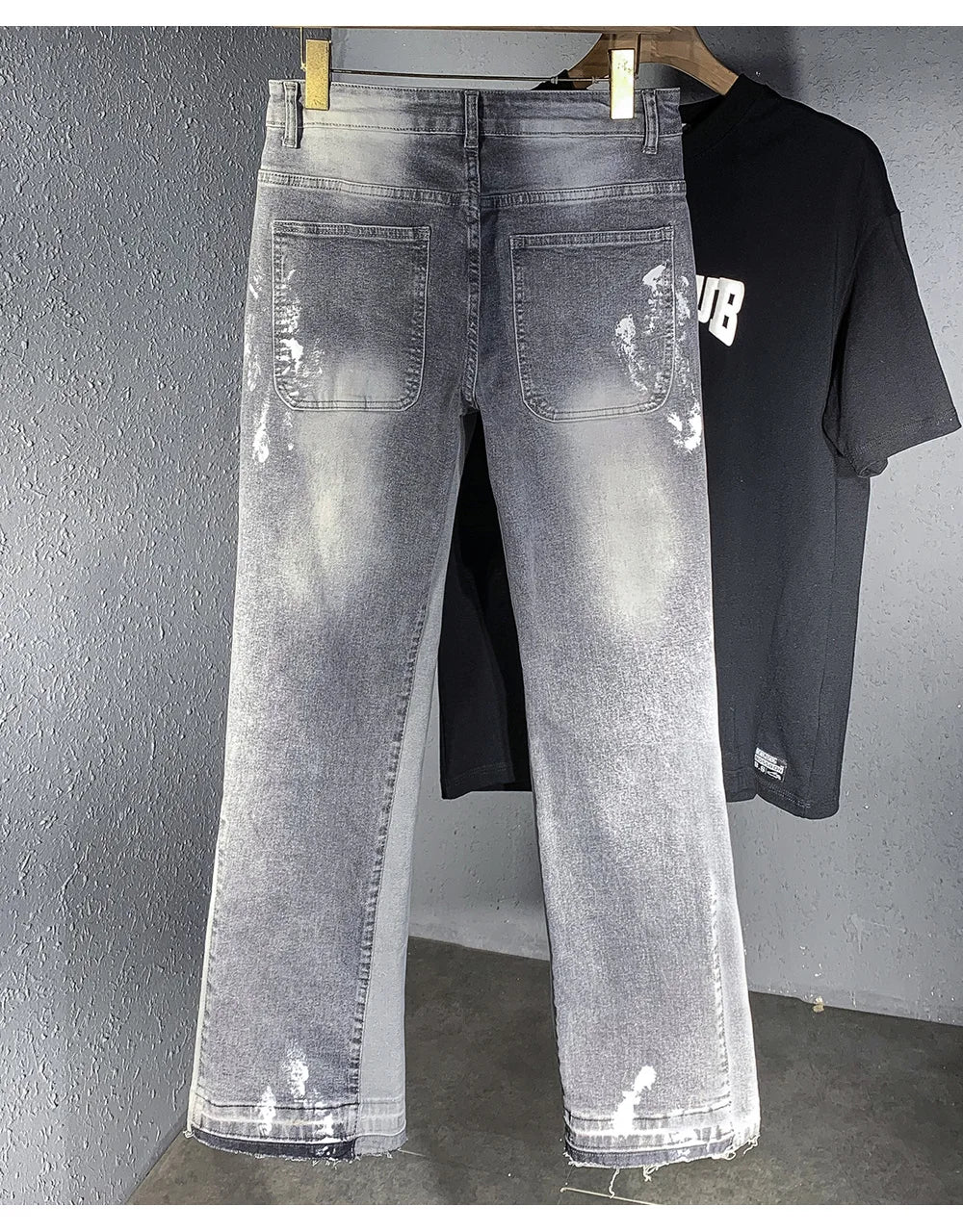 Men Painted Flared Denim Jeans Spliced Slim Boot Cut Pants Vintage Grey Cotton Released Hem Trousers
