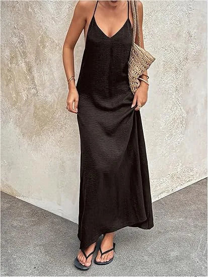 Women's New Solid Color Spaghetti Strap Deep Backless Loose Flowy Maxi Dress Elegant Comfort Casual Trendy Versatile Daily Dress