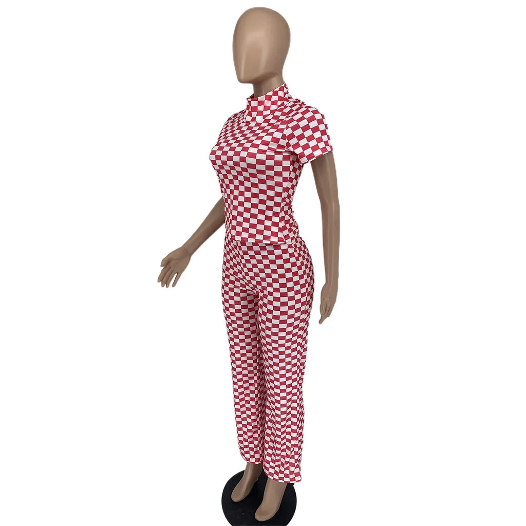 European and American Women's Fashion Fashion Design New Women's Spring Small Pit Strip Printed Checker Slim Two-piece Set