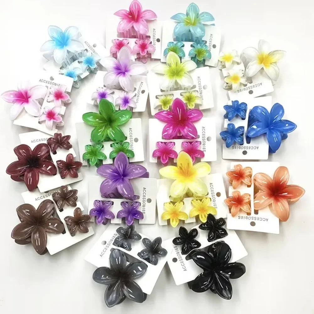 3Pcs/Set Women's Gradient Shark Hair Claw Clips Plumeria Flower Ponytail Barrettes Hawaiian Style Hairpins for Girls
