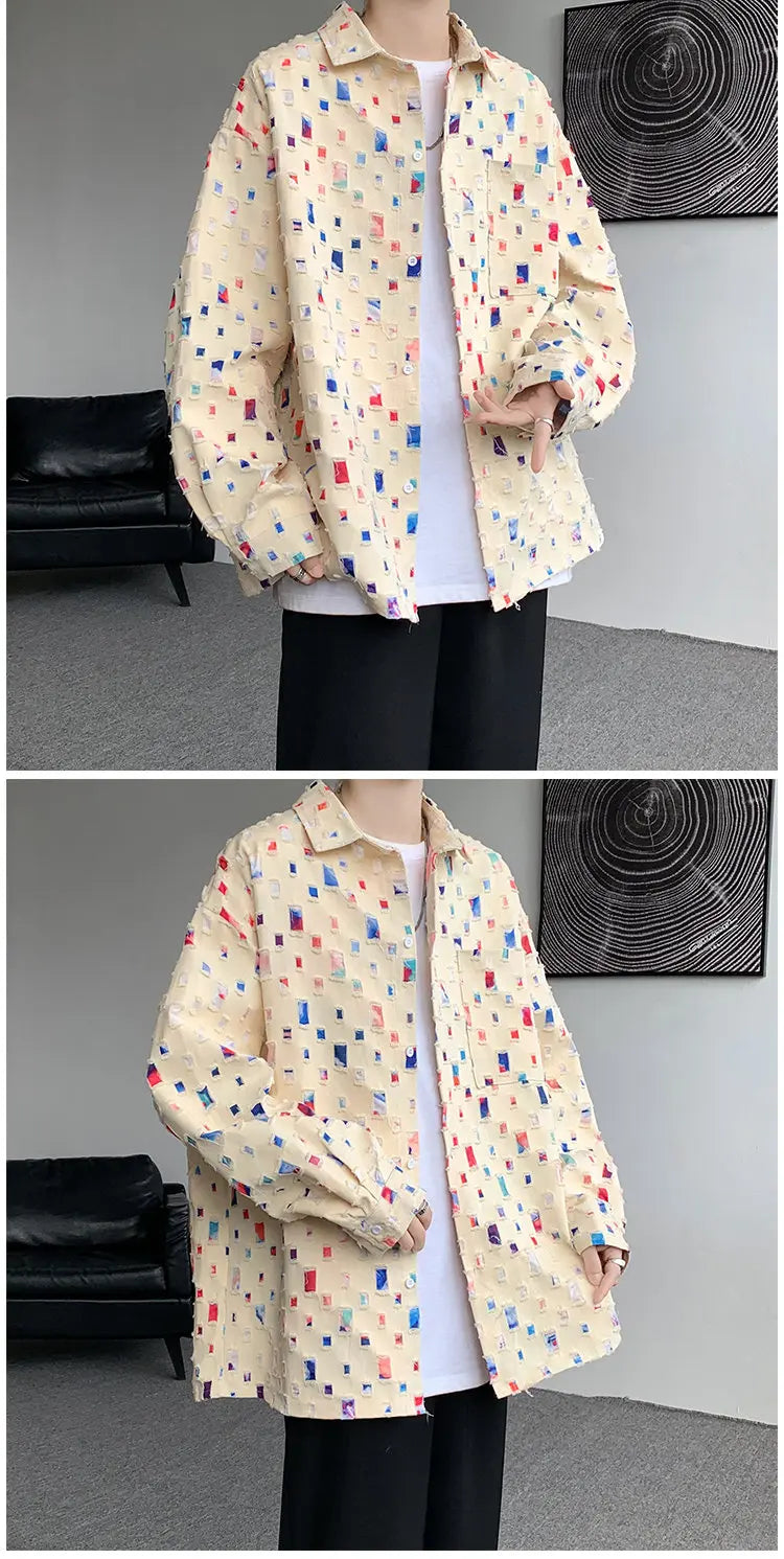 Cotton Hollow Out Shirt Men Oversized Colorful Plaid Shirt Men Streetwear Loose Long Sleeve Shirt Mens Hole Patch Shirts M-3XL