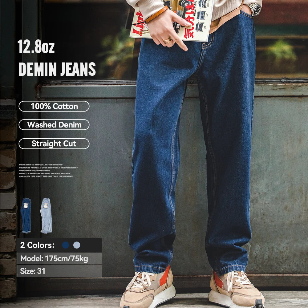 Maden Vintage Washed Denim Jeans 12.8 oz Retro Loose Straight Trousers Baggy Pants Oversize 28-38 Fashion Men’s Clothes 2 Colors