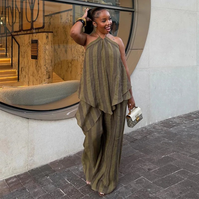 2026 2 Piece Sets Lady Chic Holiday Outfit Y2K Green Stripe Long Pant Sets For Women Spring Summer Halter Vest Top Wide Leg Pant
