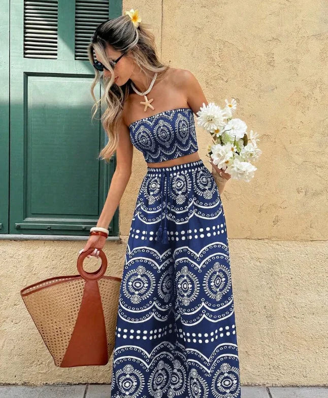 Women's Blue And White Plant Print Cropped Tube Top & Wide Leg Pants 2 Pieces Set,Boho Summer Holiday Vacation