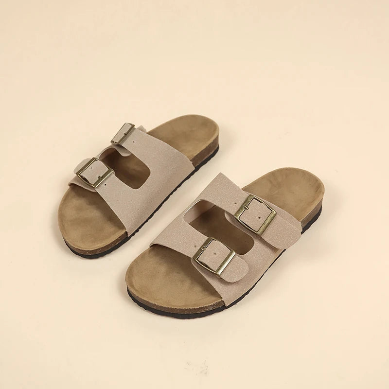 Women's Flat Outdoor Beach Casual Slippers Man Sliders Thick Sole Leather Cork Sole Sandals and Slippers