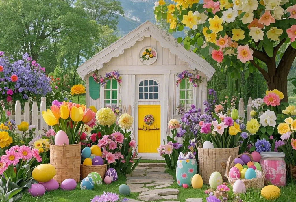 Happy Easter Day Photography Background Blue Wood Board Easter Egg Spring Flower Rabbit Kid Birthday Portrait Photocall Backdrop