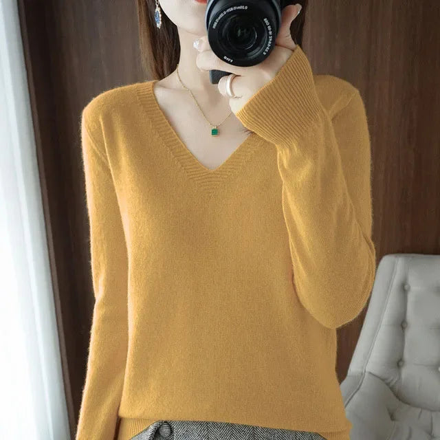Women's Sweater 2025 Autumn Winter Knitted Pullovers V-neck Slim Fit Bottoming Shirt Solid Soft Knitwear Jumpers Basic Sweaters