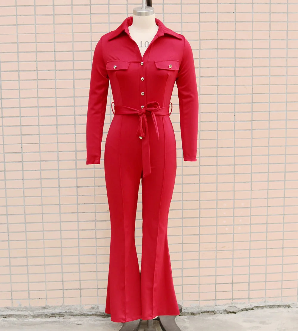 Jumpsuit Women 2023 Autumn Fashion Button Casual Turn-Down Collar Long Sleeve Skinny Bootcut Jumpsuit with Belt Y2K Streetwear