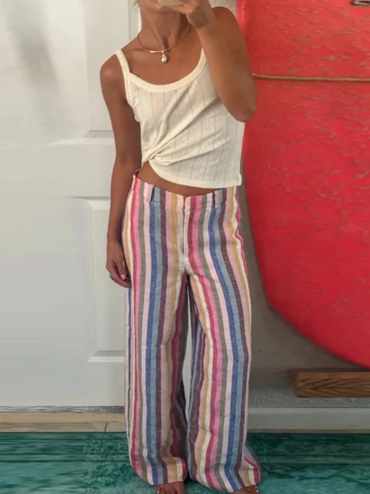 Colorful Striped Wide Leg Trousers Women Bohemian High Waist Multi-color Panelled Slim Straight Pants Fashion Lady Beachwear New