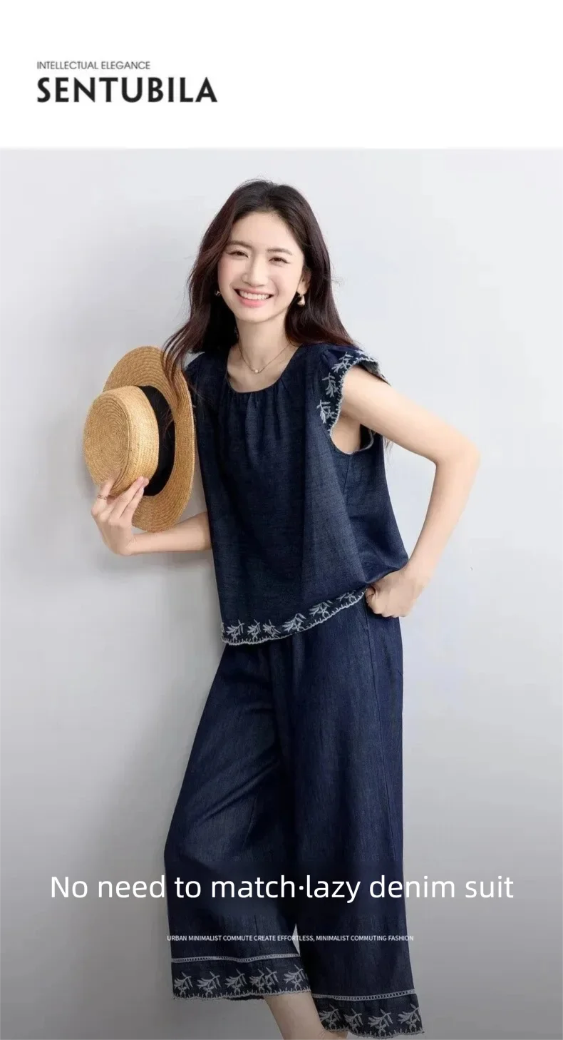 SENTUBILA Summer Demin Pant Sets Woman 2 Piece Outfits 2026 Vintage Flora Embroider Tops Cropped Pant Women's Suit W52ZC2349
