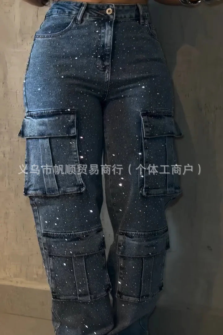 Women Jeans Denim Pant Vintage Wide Leg Long Pants High Waist Straight Trousers Y2k Streetwear Elegant Work Hot Drilling 2026