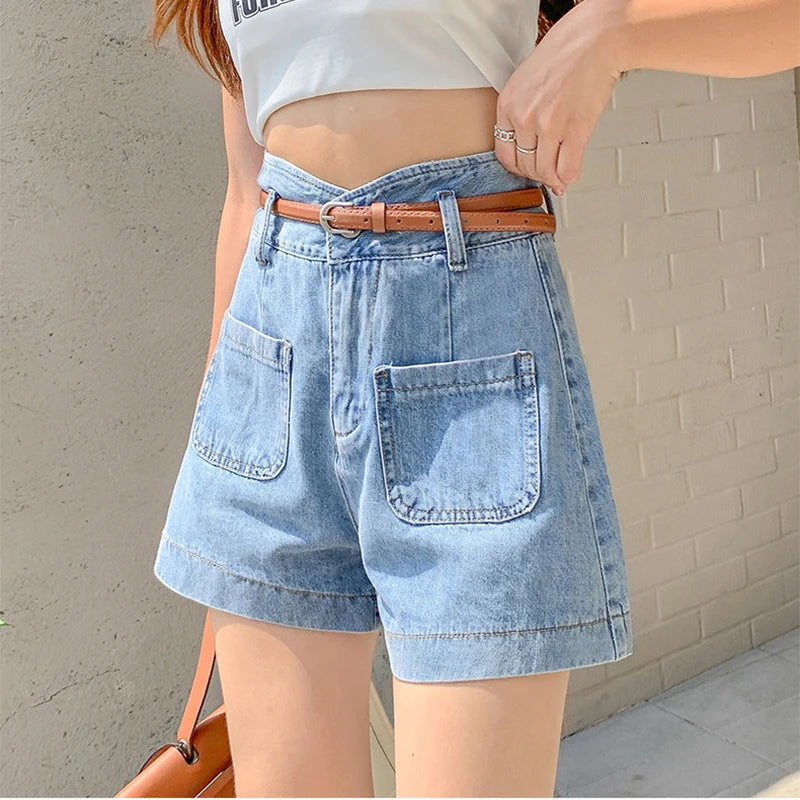 Retro Bandage Designed Women Jean Shorts Summer New High Waist Slim Pockets Wide Leg Denim Shorts Simple Versatile A-Line Shorts
