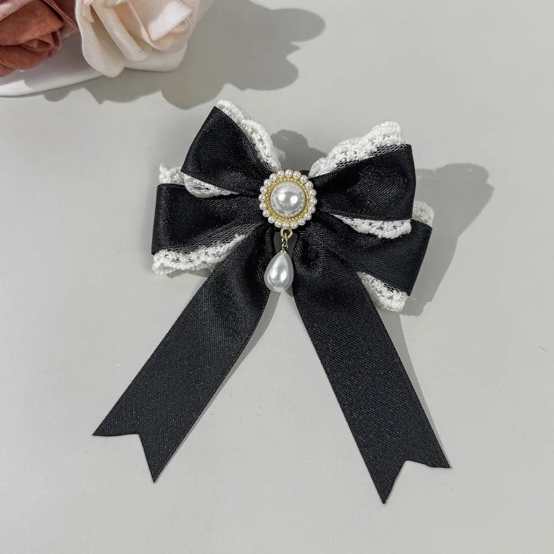 4pcs Pearl Lace Bow Hair Clip, Multi-color Satin Lolita Headpiece, Retro Sweet and Beautiful Style Hair Accessory
