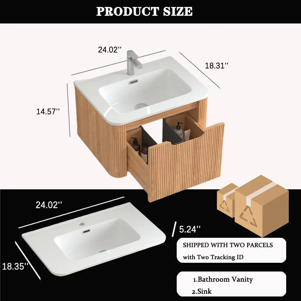 24'' Floating Bathroom Vanity with Sink, Wall Mounted Modern Bathroom Cabinet W/Curved Edges Stripes, Oak & Plywood,, Custom