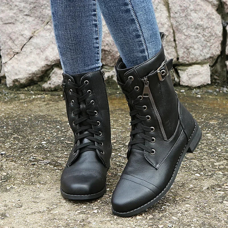 Women's Square Heels Ankle Booties  Autumn Winter PU Leather Short Work Boots Woman Plus Size Lace Up Elastic Botas Mujer 2024