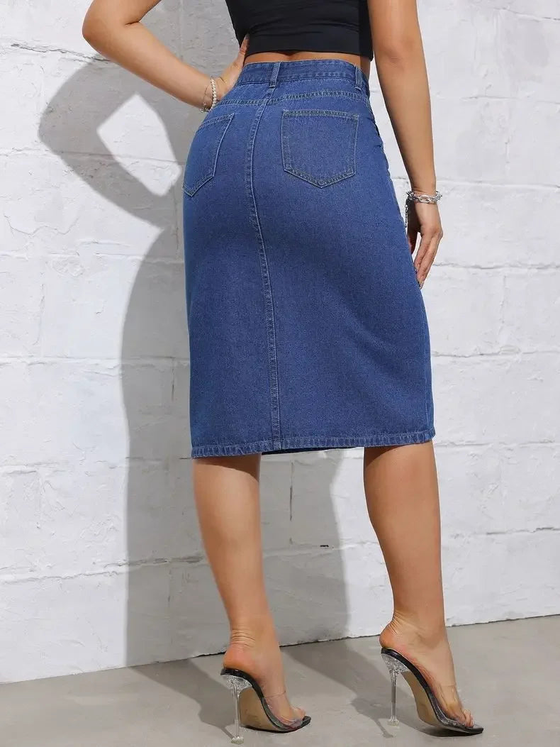Women High Waist Stretchy Denim Pencil Skirt Midi Length Knee-Length Slit Bodycon Flattering Casual Daily Streetwear