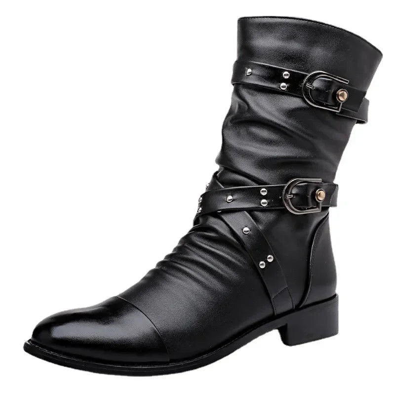 Men's Leather High Quality Mid Tube Boots Fashion Classic Autumn Winter Black Punk Rock Shoes Casual Men