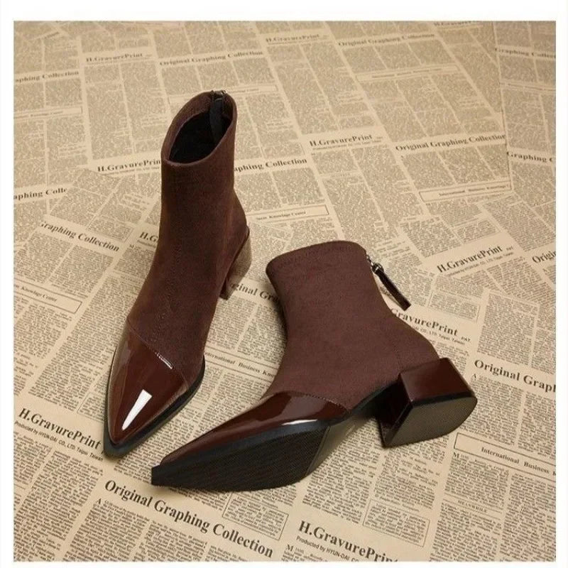 Women's 2026 New Autumn and Winter Fashion Retro Pointed Ankle Boots  French Temperament High Heels and Zipper Short Boots